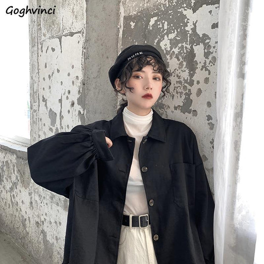 Women Blouses Shirts Spring Turn-down Collar Long Sleeve Streetwear Solid Pockets Korean Style Single-breasted All-match Chic