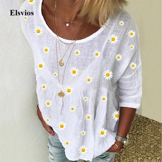 5XL Casual Women Three-Quarter Sleeve Blouse Elegant O Neck Shirt Pullovers 2020 Summer Daisy Flower Print Tops Blusa Streetwear
