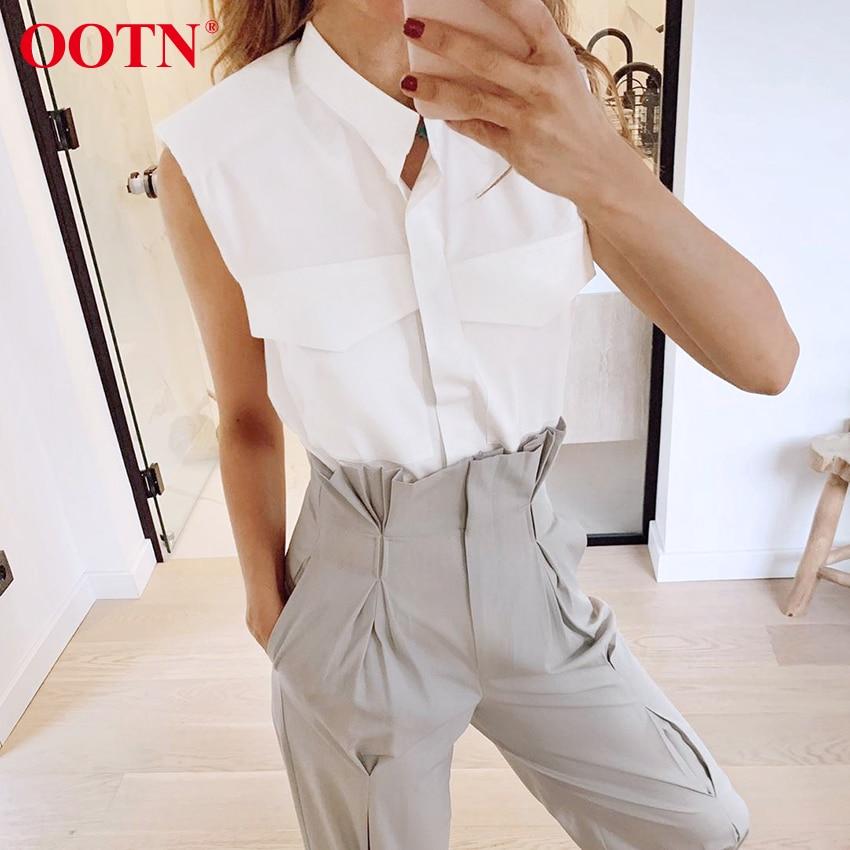 OOTN Stand Collar Summer Sleeveless Shirts Office Ladies White Womens Tops And Blouses 2020 Fashion Chic Padded Shoulder Top