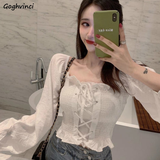 Shirts Women Square Collar Solid Bandage Sexy Korean Style Chic Leisure New Arrival Vintage Streetwear Womens Daily Fashion New