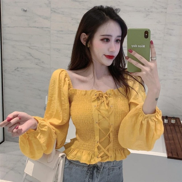 Shirts Women Square Collar Solid Bandage Sexy Korean Style Chic Leisure New Arrival Vintage Streetwear Womens Daily Fashion New