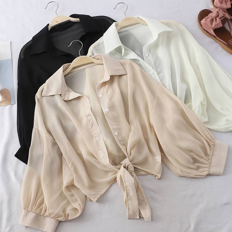 Lantern Sleeve Chiffon Shirts Women 2020 Summer Transparent Beach Shawl Shirt Top Tied Waist Elegant Women Blouses Cropped