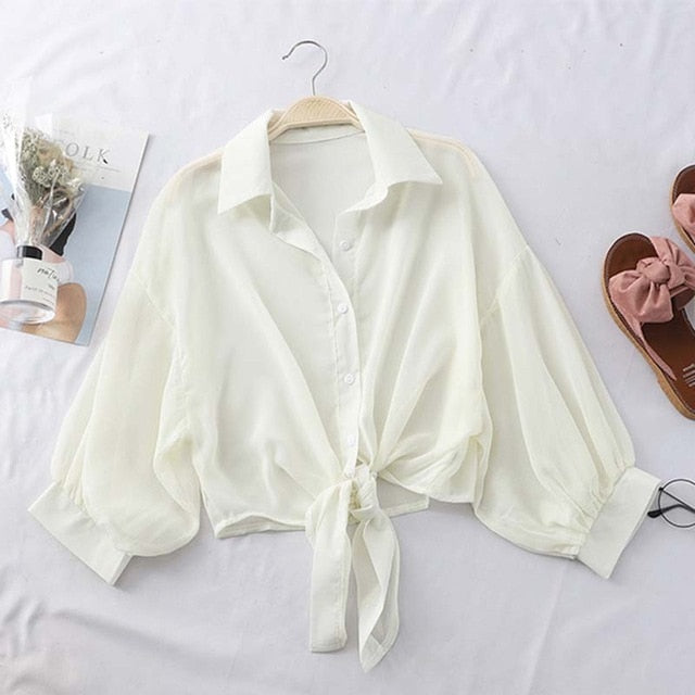 Lantern Sleeve Chiffon Shirts Women 2020 Summer Transparent Beach Shawl Shirt Top Tied Waist Elegant Women Blouses Cropped