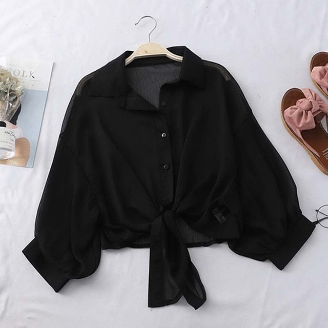 Lantern Sleeve Chiffon Shirts Women 2020 Summer Transparent Beach Shawl Shirt Top Tied Waist Elegant Women Blouses Cropped