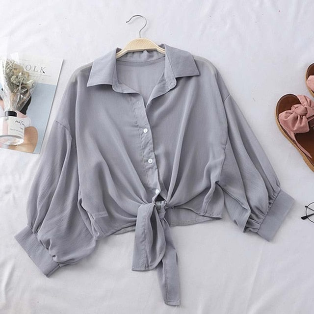 Lantern Sleeve Chiffon Shirts Women 2020 Summer Transparent Beach Shawl Shirt Top Tied Waist Elegant Women Blouses Cropped