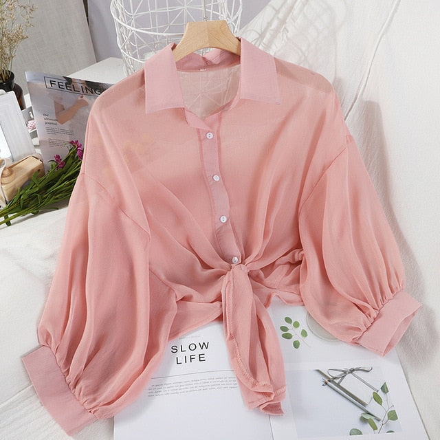 Lantern Sleeve Chiffon Shirts Women 2020 Summer Transparent Beach Shawl Shirt Top Tied Waist Elegant Women Blouses Cropped