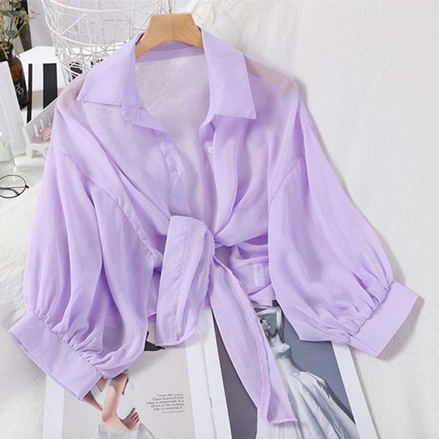 Lantern Sleeve Chiffon Shirts Women 2020 Summer Transparent Beach Shawl Shirt Top Tied Waist Elegant Women Blouses Cropped