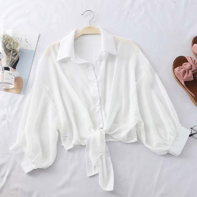 Lantern Sleeve Chiffon Shirts Women 2020 Summer Transparent Beach Shawl Shirt Top Tied Waist Elegant Women Blouses Cropped
