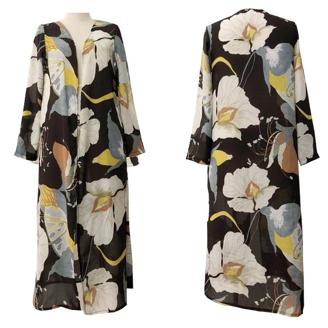 Women Vintage Floral Chiffon Shirts Loose Shawl Kimono Cardigan Boho Tops Long Sunscreen Jacket Blouse