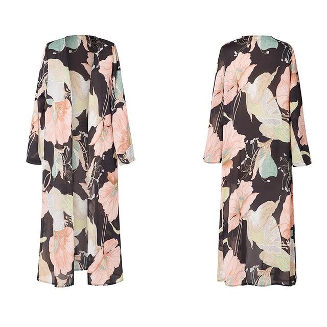 Women Vintage Floral Chiffon Shirts Loose Shawl Kimono Cardigan Boho Tops Long Sunscreen Jacket Blouse