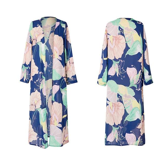 Women Vintage Floral Chiffon Shirts Loose Shawl Kimono Cardigan Boho Tops Long Sunscreen Jacket Blouse
