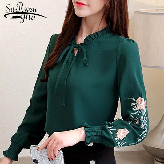 plus size women tops floral embroidery chiffon blouse shirt fashion womens tops and blouses 2020 long sleeve women shirt 1645 50
