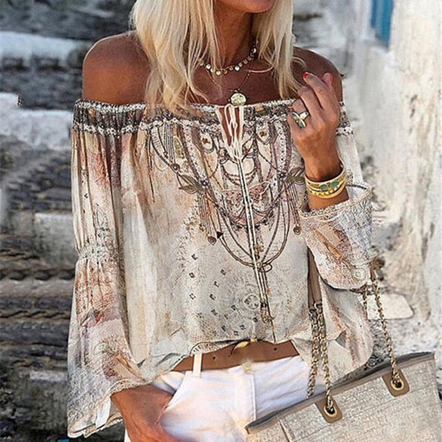 Summer Off Shoulder Floral Print Blouse Shirts Women Elegant Lace-up Hollow Out Top Vintage Flare Sleeve Ladies Office Blouses