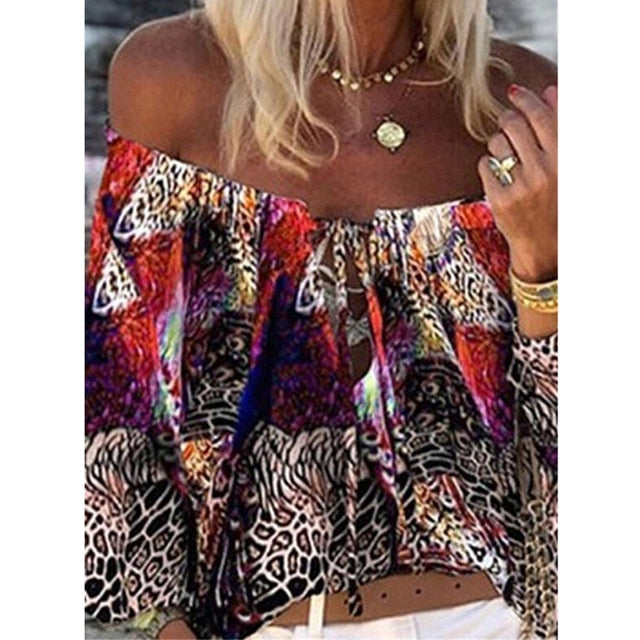 Summer Off Shoulder Floral Print Blouse Shirts Women Elegant Lace-up Hollow Out Top Vintage Flare Sleeve Ladies Office Blouses