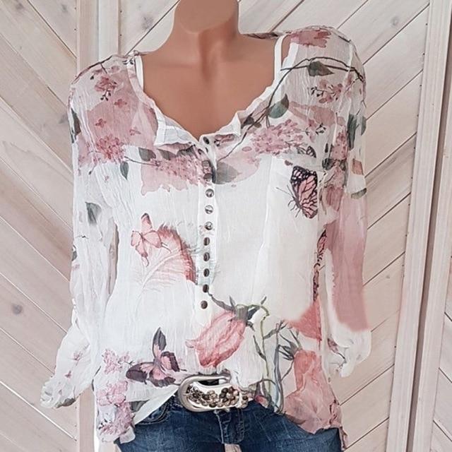 Large size lace loose women blouses 2020 summer blouse top casual fashion v-neck long sleeve printed women's chiffon shirt