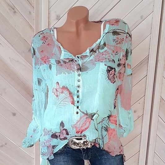 Large size lace loose women blouses 2020 summer blouse top casual fashion v-neck long sleeve printed women's chiffon shirt