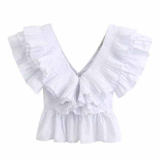 New Women solid v neck pleated ruffles casual white smock blouse ladies chic butterfly sleeve poplin femininas shirt tops LS6380