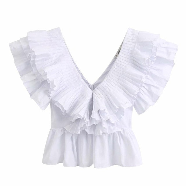 New Women solid v neck pleated ruffles casual white smock blouse ladies chic butterfly sleeve poplin femininas shirt tops LS6380