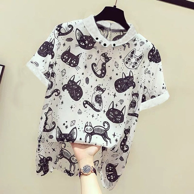 Cat Print Summer New Slim Top Vintage White Black Chiffon Shirt Women Blouses Casual Short Sleeve White Tops Blusas Mujer