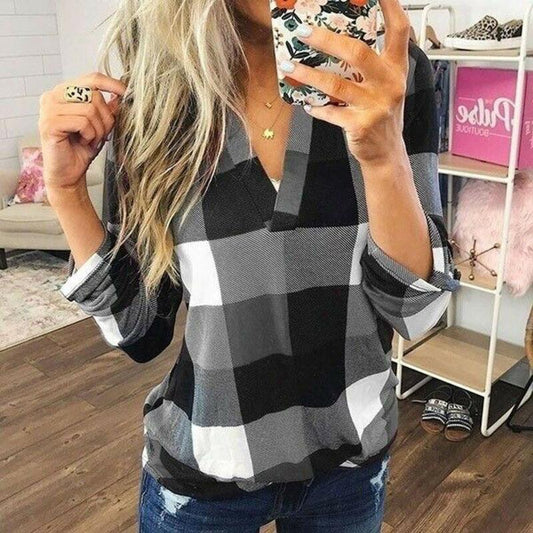 Plus Size 3XL Women Blouse V-Neck Check Lattice Plaid Shirts Long Sleeve Summer Casual Tops Clothes 6 Colors
