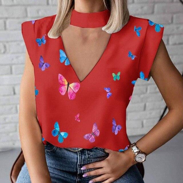 Women Elegant Chain Print blouse shirts New Summer Casual Stand Neck Pullovers tops Lady 2XL Fashion cute Eye Short Sleeve Blusa