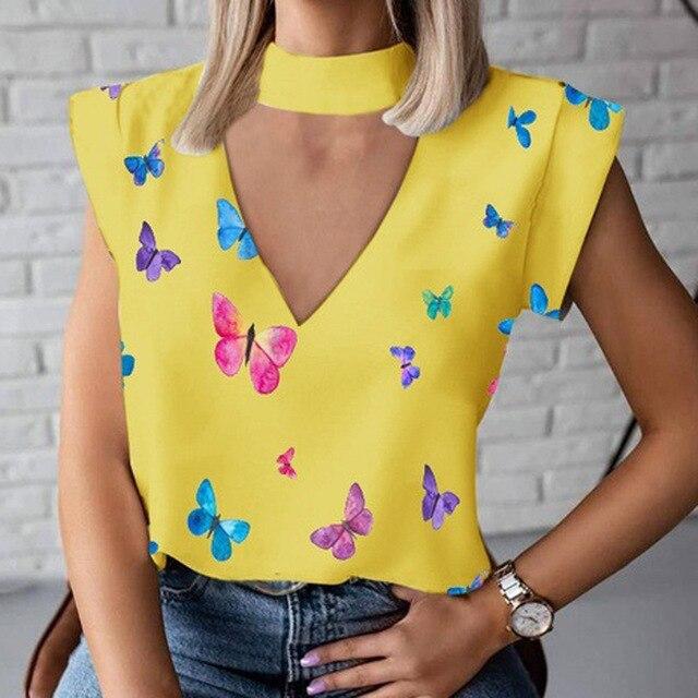 Women Elegant Chain Print blouse shirts New Summer Casual Stand Neck Pullovers tops Lady 2XL Fashion cute Eye Short Sleeve Blusa