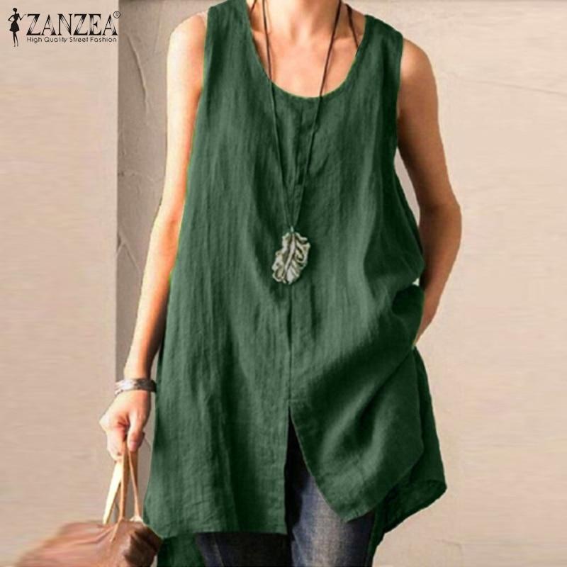 ZANZEA Summer Cotton Linen Blouse Women Sleeveless Tanks Tops Vintage Solid Loose Blusas Plus Size Tunic Split Shirt Female