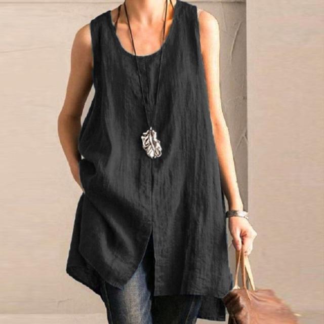 ZANZEA Summer Cotton Linen Blouse Women Sleeveless Tanks Tops Vintage Solid Loose Blusas Plus Size Tunic Split Shirt Female