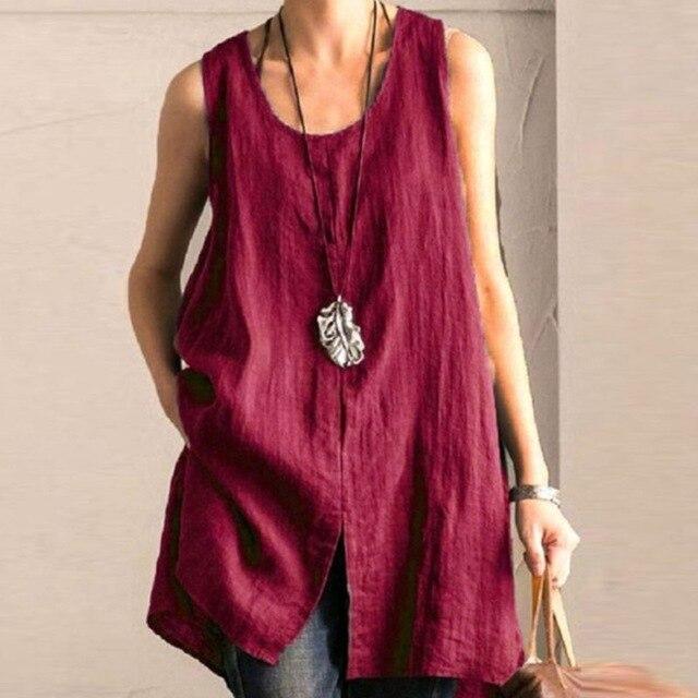 ZANZEA Summer Cotton Linen Blouse Women Sleeveless Tanks Tops Vintage Solid Loose Blusas Plus Size Tunic Split Shirt Female