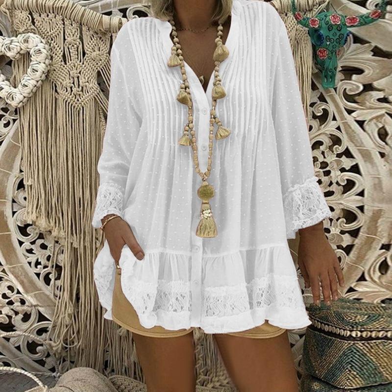 DIHOPE Women Lace Hollow Shirts Dress Long Sleeve V-Neck Pleated Loose Dot Mini Dress Female Sexy Blouse Vestido Plus Size