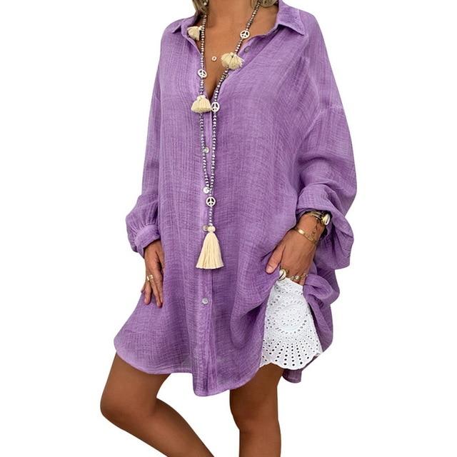 DIHOPE Women Lace Hollow Shirts Dress Long Sleeve V-Neck Pleated Loose Dot Mini Dress Female Sexy Blouse Vestido Plus Size