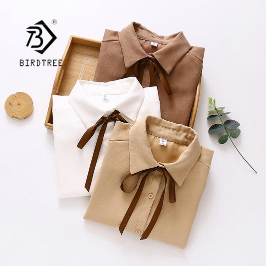 New Arrival Women Solid Corduroy Lace Up Bow Tie White Shirt Turn-Down Collar Button Up Cute Blouse Feminina Blusa T9D608T