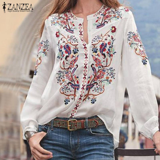 ZANZEA 2020 Fashion Printed Tops Women's Autumn Blouse Bohemian V Neck Long Sleeve Shirts Female Casual Loose Blusas Plus Size
