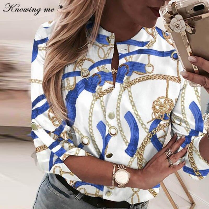 Women Chains Print Leisure Top Elegant 2020 Summer Adjustable Sleeve Button blouse shirt Office Lady Basic Blusas dropshipping