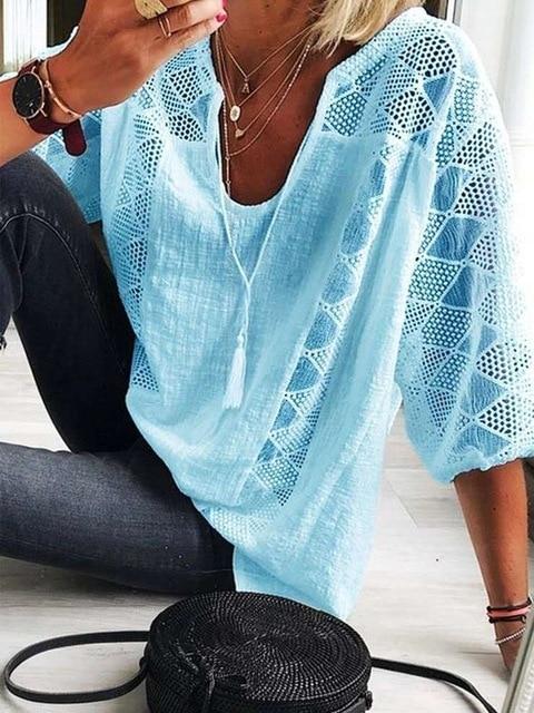 Large size loose women blouses 2020 summer cotton blouse solid color leisure hollow O-neck 3/4 sleeve lace women shirt