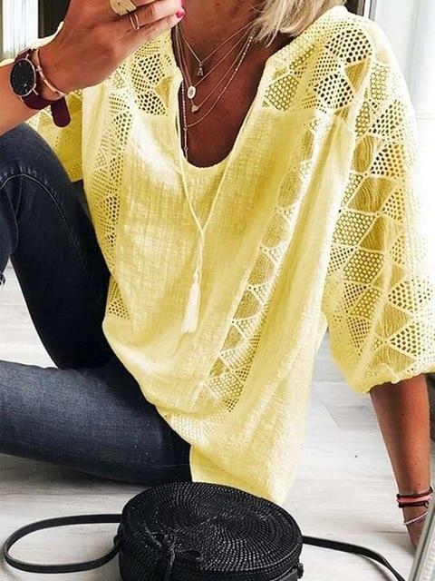 Large size loose women blouses 2020 summer cotton blouse solid color leisure hollow O-neck 3/4 sleeve lace women shirt