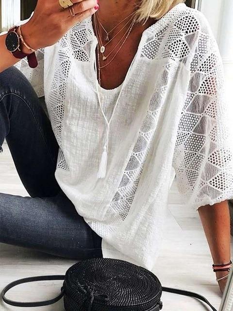 Large size loose women blouses 2020 summer cotton blouse solid color leisure hollow O-neck 3/4 sleeve lace women shirt