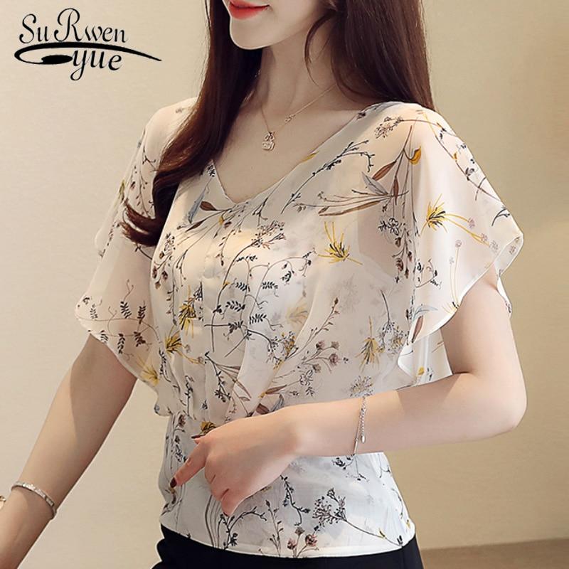 Women's summer blouses 2020 plus size tops V neck ruffles print chiffon blouse women short sleeve shirts ladies tops 4596 50