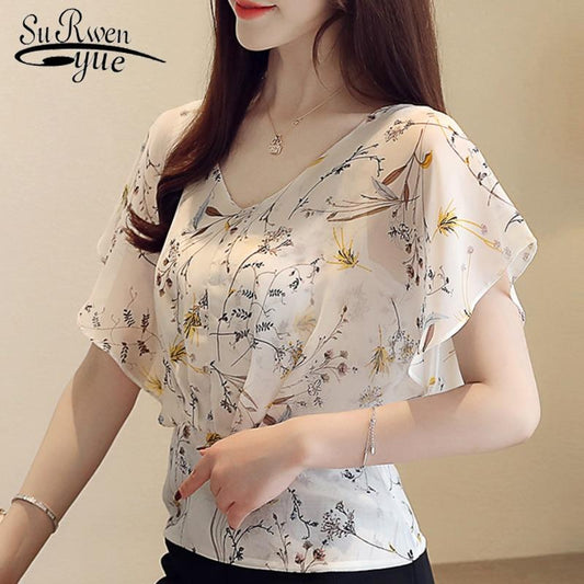 Women's summer blouses 2020 plus size tops V neck ruffles print chiffon blouse women short sleeve shirts ladies tops 4596 50