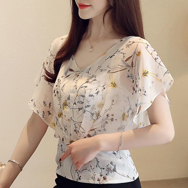 Women's summer blouses 2020 plus size tops V neck ruffles print chiffon blouse women short sleeve shirts ladies tops 4596 50