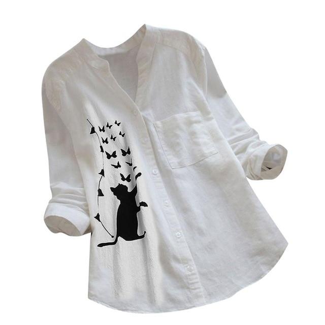 NEW ARRIVAL Blouses Women Cotton linen Casual Cat Printed Long Sleeve Shirt Blouse Button Down Tops Free Shipping blusa f3#