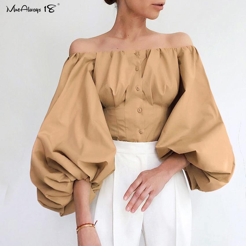 Mnealways18 Lantern Sleeve Elegant Khaki Blouse Women Sexy Party Off Shoulder Top Ladies White Black Shirt Cotton Bodycon Blouse