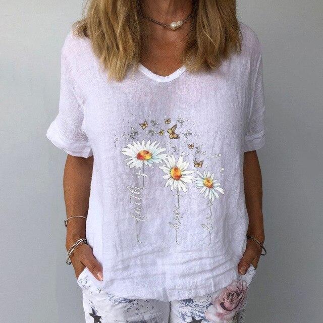 Elegant Floral Print Linen Cotton Blouse Shirt Women Summer V Neck Short Sleeve Tops New 3XL Ladies Casual Plus Size Blouses