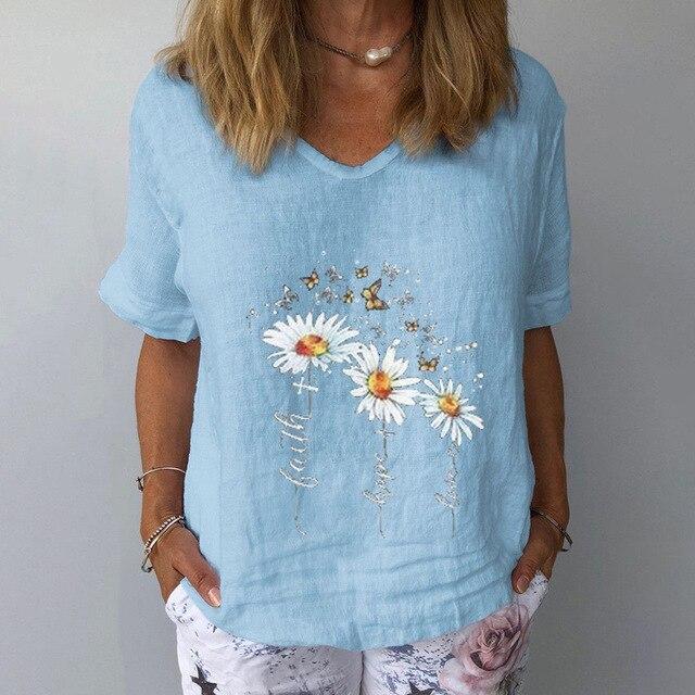 Elegant Floral Print Linen Cotton Blouse Shirt Women Summer V Neck Short Sleeve Tops New 3XL Ladies Casual Plus Size Blouses