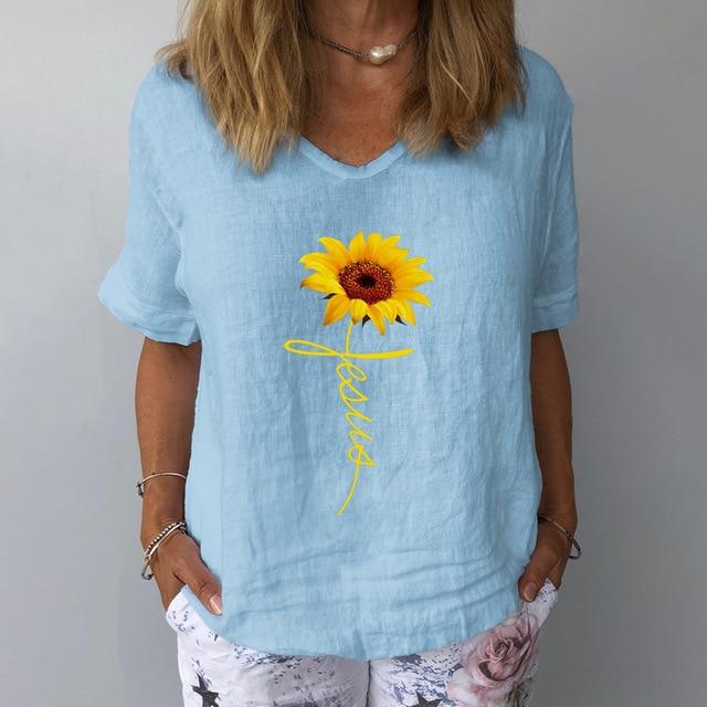 Elegant Floral Print Linen Cotton Blouse Shirt Women Summer V Neck Short Sleeve Tops New 3XL Ladies Casual Plus Size Blouses