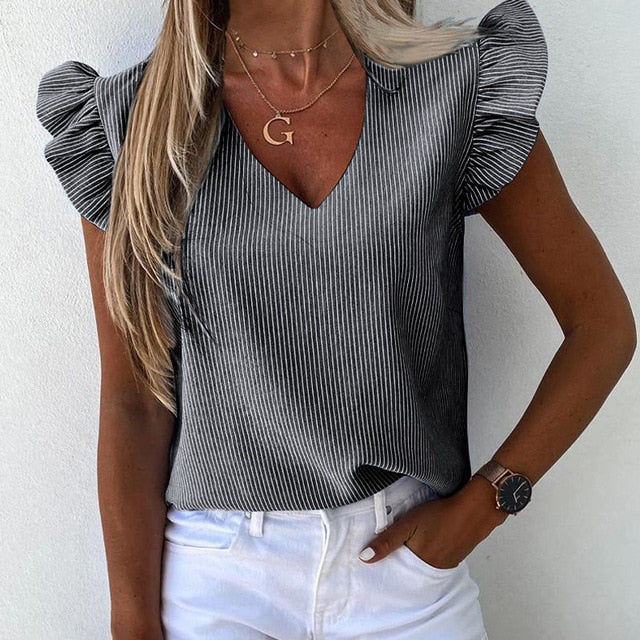 Elegant Striped Print Ruffle Blouse Shirts Office Lady 2020 Summer Short Sleeve Slim Blouses Women 3XL Casual Button O-neck Tops