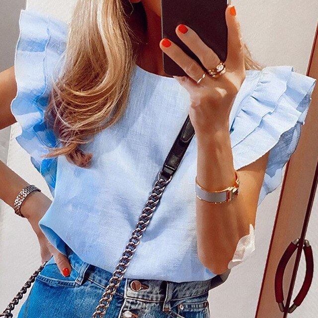 Elegant Striped Print Ruffle Blouse Shirts Office Lady 2020 Summer Short Sleeve Slim Blouses Women 3XL Casual Button O-neck Tops