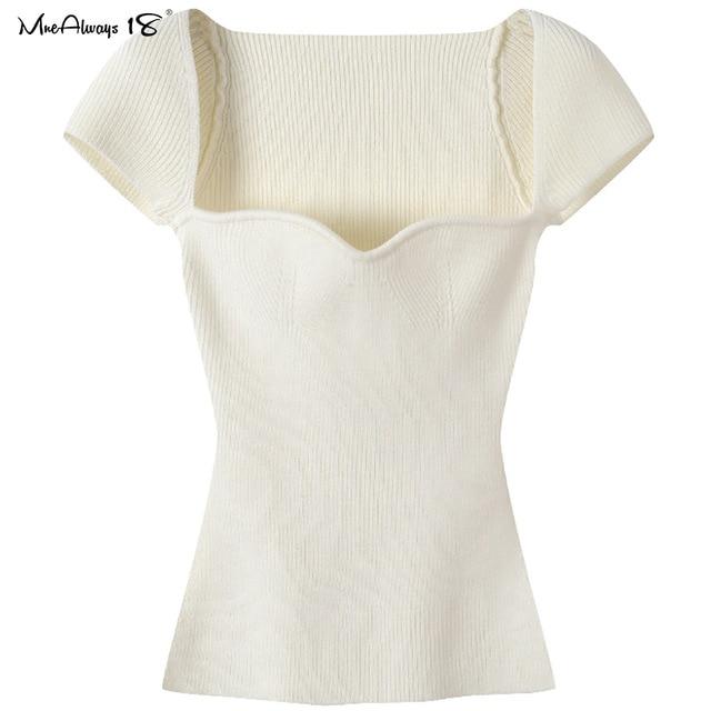 Mnealways18 Slim Sexy Knitted Blouse Women White Basic Knitwear Top Female Summer Short Sleeve Cropped Black Top Streetwear 2020