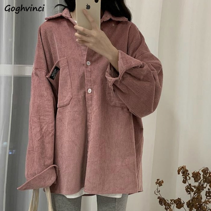 Shirts Women Corduroy Solid Colorful Long Sleeve Casual Autumn Daily Outwear Womens Shirt Tops Students All-match Harajuku Chic