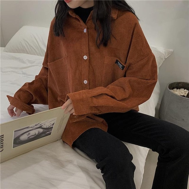 Shirts Women Corduroy Solid Colorful Long Sleeve Casual Autumn Daily Outwear Womens Shirt Tops Students All-match Harajuku Chic